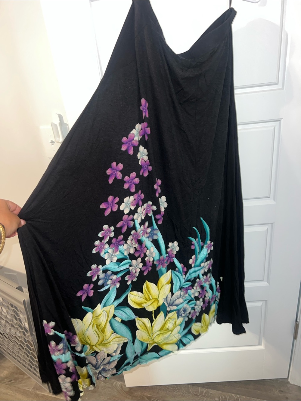 Jennifer Lopez Black Maxi Skirt with Yellow, Purple & Teal Floral Print